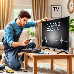 تکنسین حرفه‌ای در حال تعمیر تلویزیون در منزل مشتری در الوند قزوین.